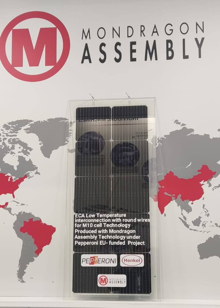 Mini solar modules on the wall, produced by Mondragon Assembly, included Eu funding acknowledgement and PEPPERONI project logo
